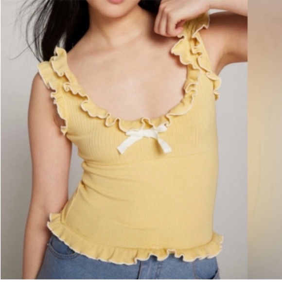 Kimchi Blue Medium Top Darya Bow Ruffle Tank Top ribbed in yellow - Picture 5 of 9